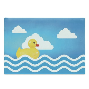 Rubber Duck Cutting Board, Yellow Toy on Wavy Water Inspired Stripes Clouds, Decorative Tempered Glass Cutting and Serving Board, Large Size, Yellow White Blue, by Ambesonne