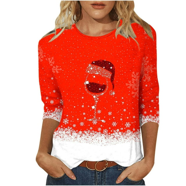 Besolor Chemises de Noël 3/4 pour Femmes Imprimées Col Rond Tuniques Décontractées Grande Taille Blouses de Vacances
