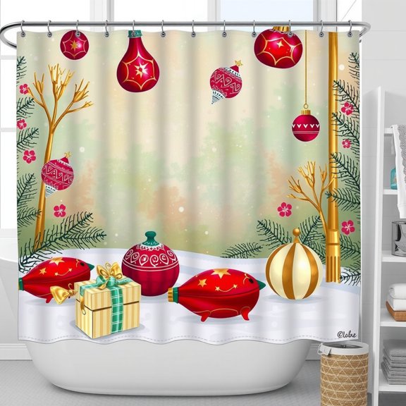 Vintage Christmas Shower Curtain with Red Ornaments & Gold Accents