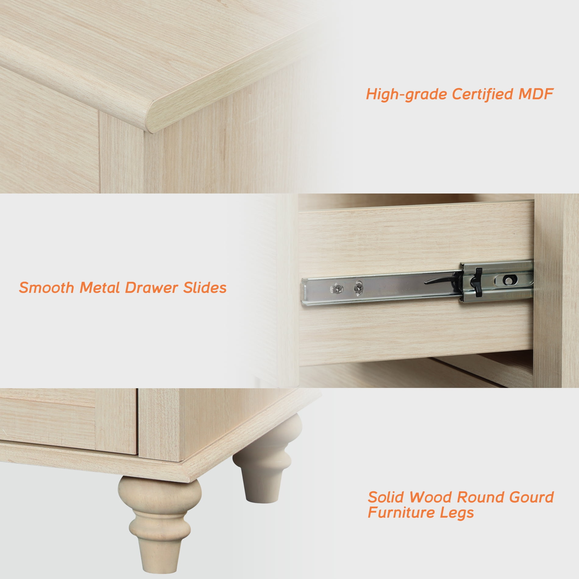 Beige Nightstand with Charging Station, Wooden Side Table with 2 Drawers & Open Shelf for Living Room & Bedroom