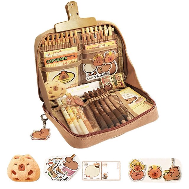 Cute Capybara Pencil Case, Capybara School Supplies, Wide Opening Mouth Pencil Pouch with Cute Pins Plush Stickers Pendant and Memo Pad