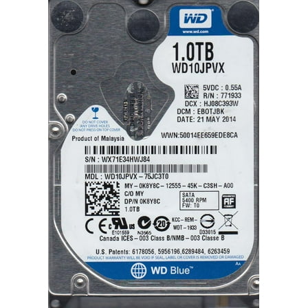 WD10JPVX-75JC3T0, DCM EBOTJBK, Western Digital 1TB SATA 2.5 Hard Drive