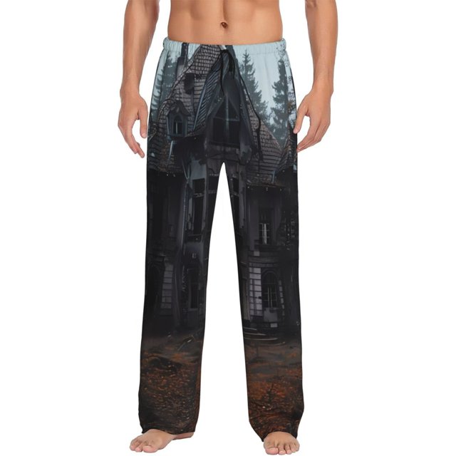 Fotbe Gloomy Mansion Forest Scene Pantalones de Pijama para Hombre, Pantalones de Dormir, Pantalones de Casa con Cintura Ajustable y Bolsillos-XX-Large
