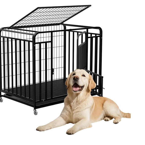 QUHEE 38 Inch Heavy Duty Dog Crate with Wheels, Large Indoor Dog Kennel with Removable Tray, Escape-Proof Chew-Proof Cage for High Anxiety Dogs