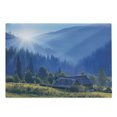 thumbnail image 1 of Rustic Cutting Board, Mountain Village Ukraine Rising Sun Pine Trees Forest Wooden House Nostalgic Photo, Decorative Tempered Glass Cutting and Serving Board, Large Size, Green Blue, by Ambesonne, 1 of 1