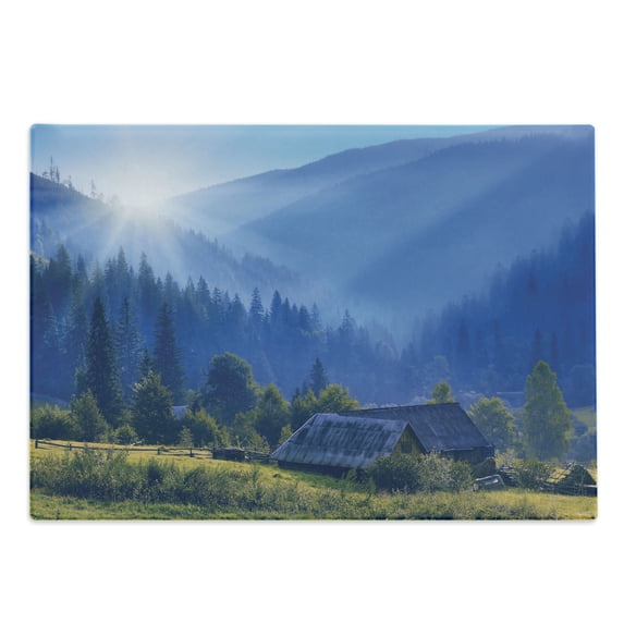 Rustic Cutting Board, Mountain Village Ukraine Rising Sun Pine Trees Forest Wooden House Nostalgic Photo, Decorative Tempered Glass Cutting and Serving Board, Large Size, Green Blue, by Ambesonne