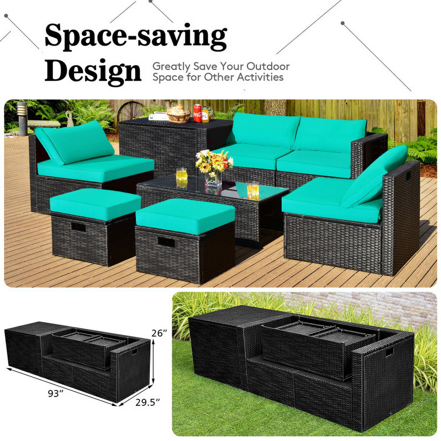 Aimee Lii 8 Pieces Patio Rattan Storage Table Furniture Set, Outdoor Patio Set, Turquoise Aimee Lii 8 Pieces Patio Rattan Storage Table Furniture Set, Outdoor Patio Set, Turquoise