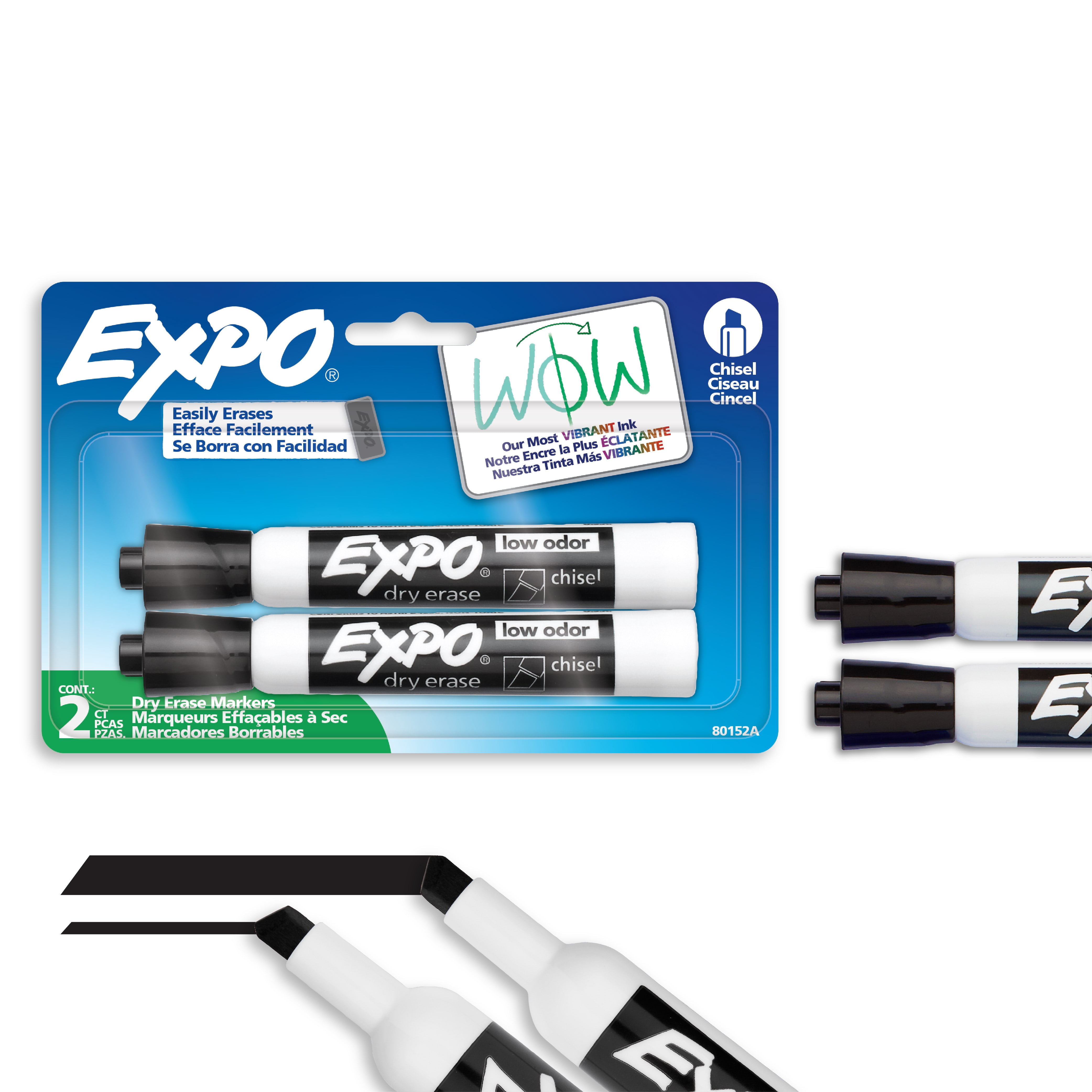 EXPO Dry Erase Markers, Low Odour Ink, Chisel Tip, Black, 4 Count