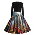 thumbnail image 3 of Mgmyaa Halloween Dress for Women Vintage Printed Long Sleeve Zipper Crew Neck Cocktail Evening Prom Dresses Halloween Costumes with Bow Belt, 3 of 3