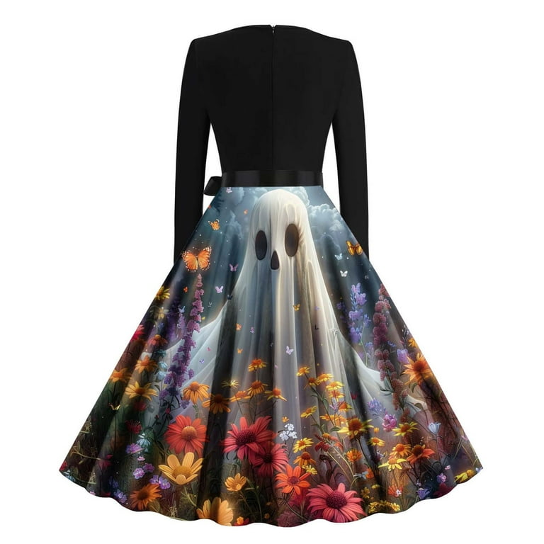 Rutainlusire Womens Long Sleeves Dresses Halloween Ladies' Long Sleeved Round Neck Christmas Printed Loose Skirt Dress, Women's, Size: Medium