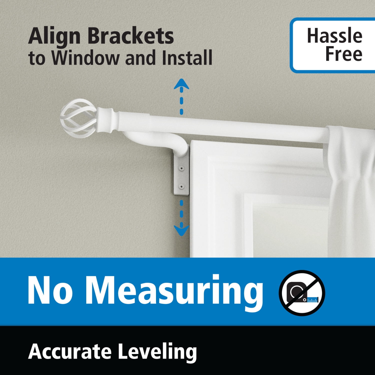 Mainstays Easy Install Café Window Curtain Rod, No Measuring, 48" - 84", with Cage Finials, White