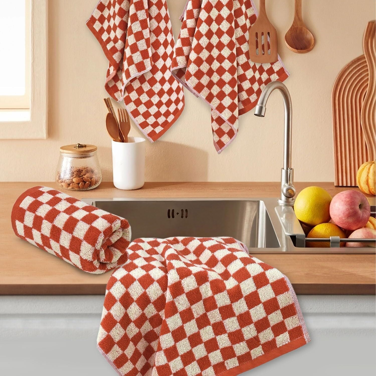 Hand Towels for Bathroom 4 Pack, Cotton Face Towels Soft Absorbent for Spa Bath Gym Kitchen, Hand Towel Set Decorative Checkered, 13 x 29 Inches, 4 Colors