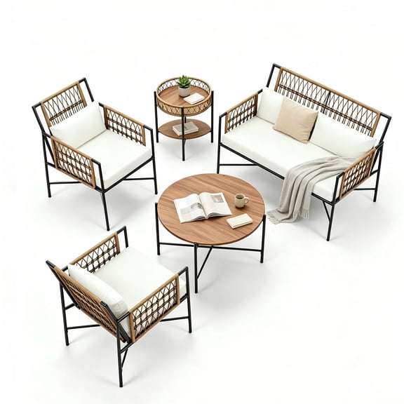 LAUSAINT HOME 5‑Piece Wicker Patio Conversation Set, 1 Loveseat, 2 Armchairs, 1 Coffee Table & 1 Side Table, Beige Cushions, Outdoor Patio Furniture for Deck Porch Backyard