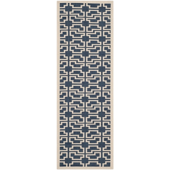 SAFAVIEH Courtyard Thurstan Geometric Indoor/Outdoor Runner Rug, Navy/Beige, 2'3" x 6'7"
