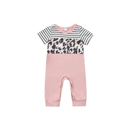 

Nokpsedcb Infant Baby Boy Girl Summer Romper Short Sleeve Round Neck Striped Leopard Footless Jumpsuit Pink Newborn