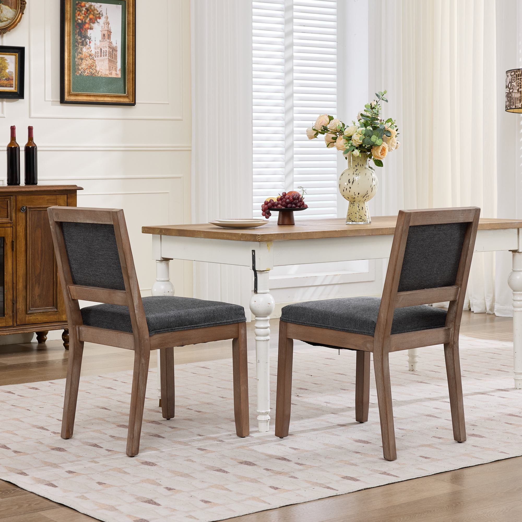 Leumius Set of 2 Farmhouse Fabric Upholstered Dining Chairs, Cushioned Fabric Seat Solid Hardwood Frame Chairs for Kitchen, Dining Room & Breakfast Nook,Gray