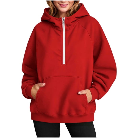 Vivianyo HD Women's Half Zip Hooded Sweatshirt, Roomy Long Sleeve Pullover with Pockets, Fall Warm Fleece Hoodie for Weekend Walks and Home Lounging, Sizes S-2XL