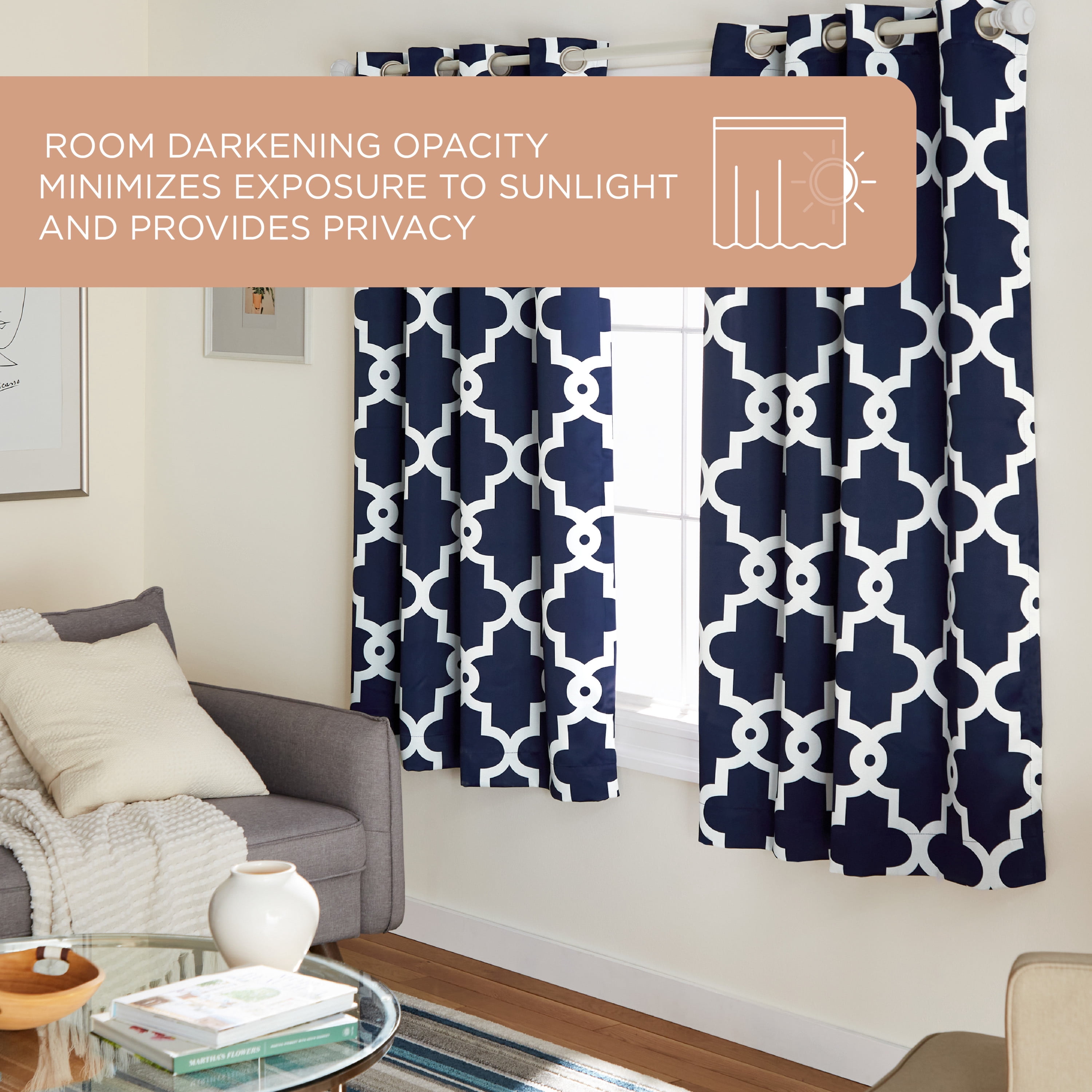 TOWN & COUNTRY EVERYDAY Ironwork Geo Trellis Sateen Indoor Curtains, Room Darkening Blackout, Grommet Top, Energy Efficient, 2-Pack Set, 52"x63", Peacoat Blue
