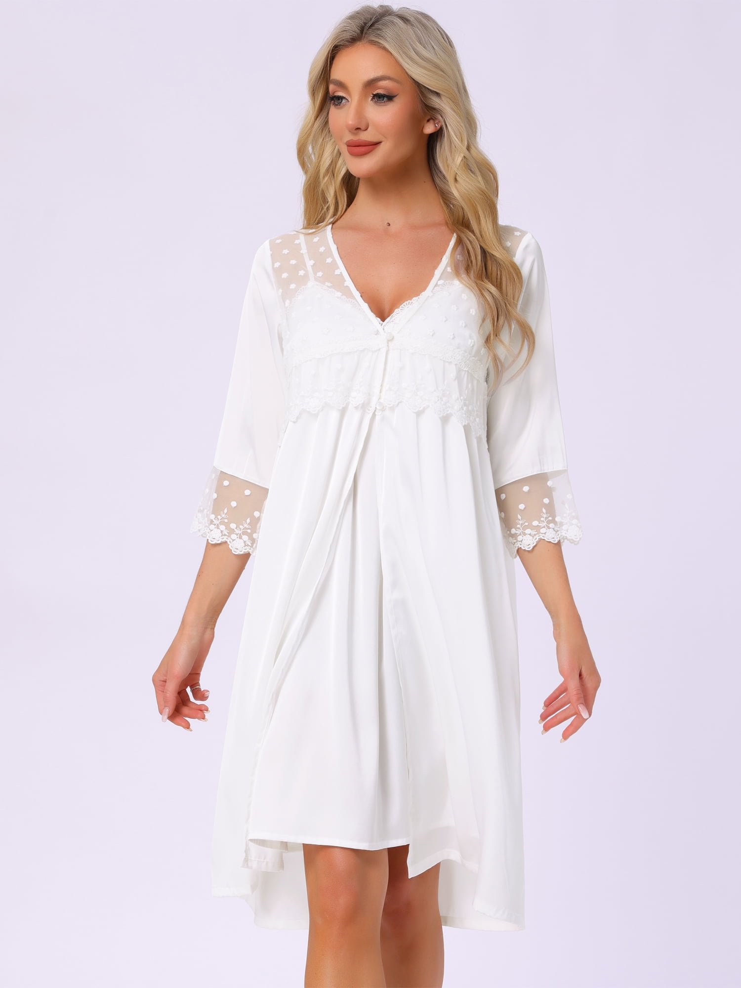 DARING DIVA Silky Nightgown Robe Set Satin Camisole Pajama 2 Pieces L White
