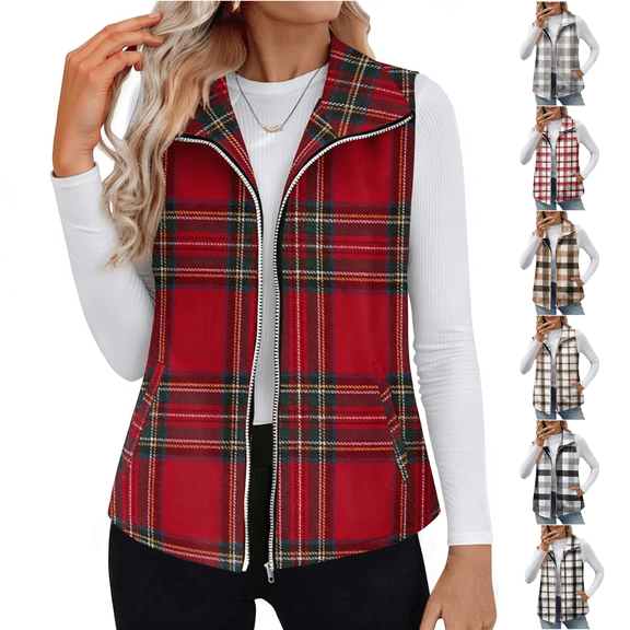 yoeyez Womens Plaid Outerwear Vests Tops Zip Up Collared Sleeveless Jacket with Pockects Fall Winter Cozy Warm Waistcoat Tops Red,S