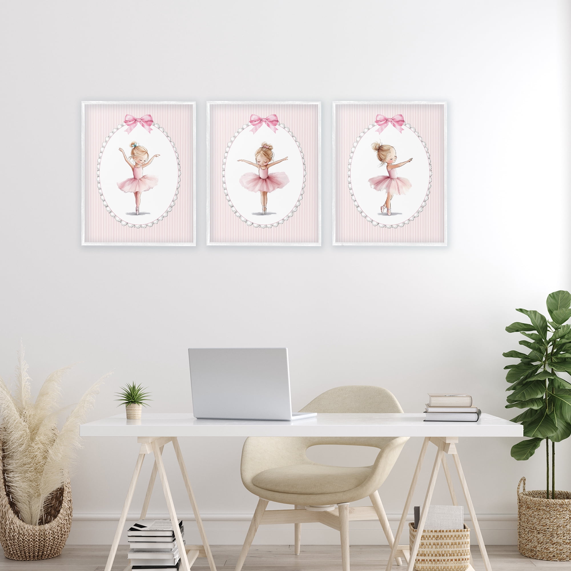Stupell Industries Dancing Ballerinas in Pink 3 Piece White Framed Giclee Art Set, design by Christine Simpson Art