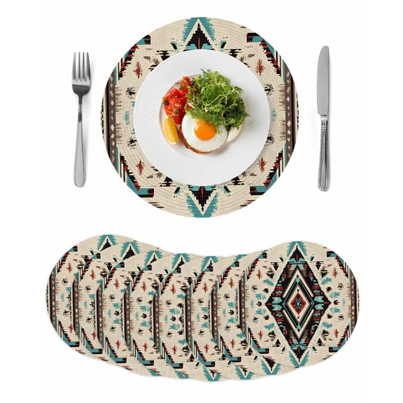 Boho Red Teal Brown Round 13 Inch Placemats Set of 8, Southwestern Retro Geometric HeatResistant Non Slip Place Mats for Dining Table, Wipeable Braided Kitchen Table Mats for Housewarming