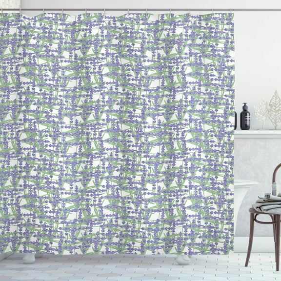 Lavender Shower Curtain, Grid Design with Springtime Herbs Aromatic Fragrant Nature, Fabric Bathroom Set with Hooks, 69W X 75L Inches Long, Lavender Reseda Green and Ivory, by Ambesonne