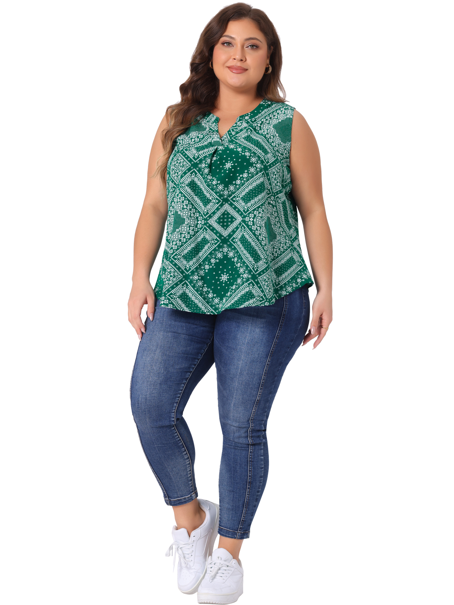 DARING DIVA Women's Plus Sleeveless Floral Print V Neck Tank Top 1X Green