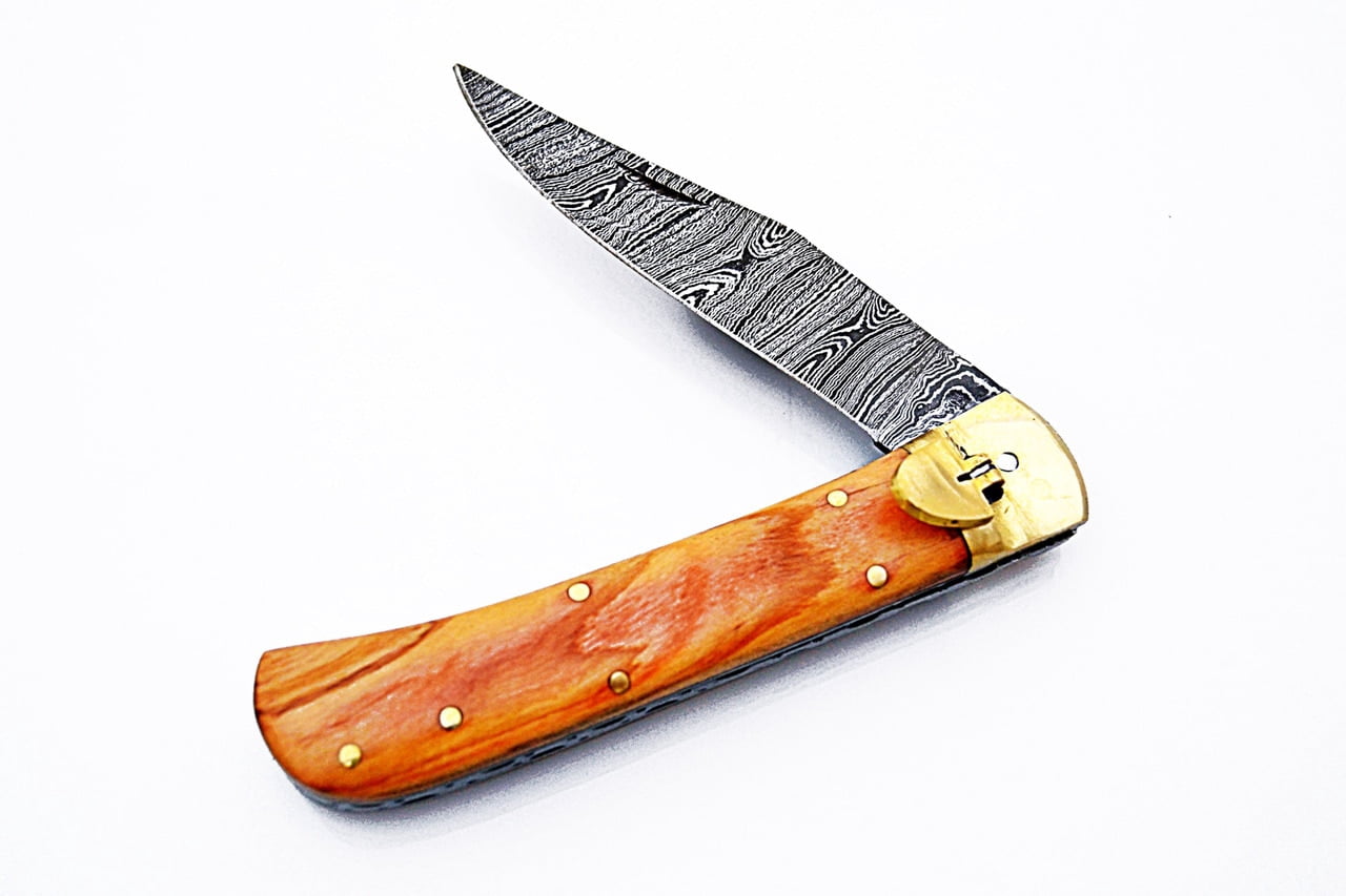 Olive Wood Handle Damascus Lever Lock Knife