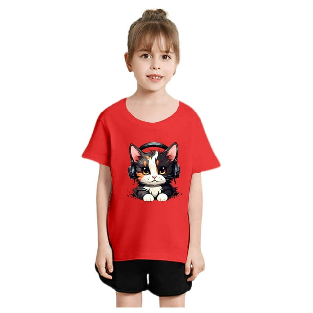 TZEWGL T-Shirts pour Enfants Ample Imprimé Col Rond Manches Courtes Vêtements pour Filles Garçons Taille 8-10T