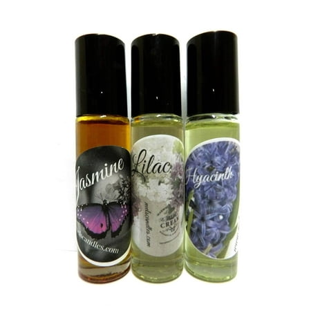 COMBO - SET OF THREE - 1/3 oz (10ml) Roll On Bottles of Jasmine, Hyacinth and Lilac Perfume Oil - Long Lasting and Easy to take any
