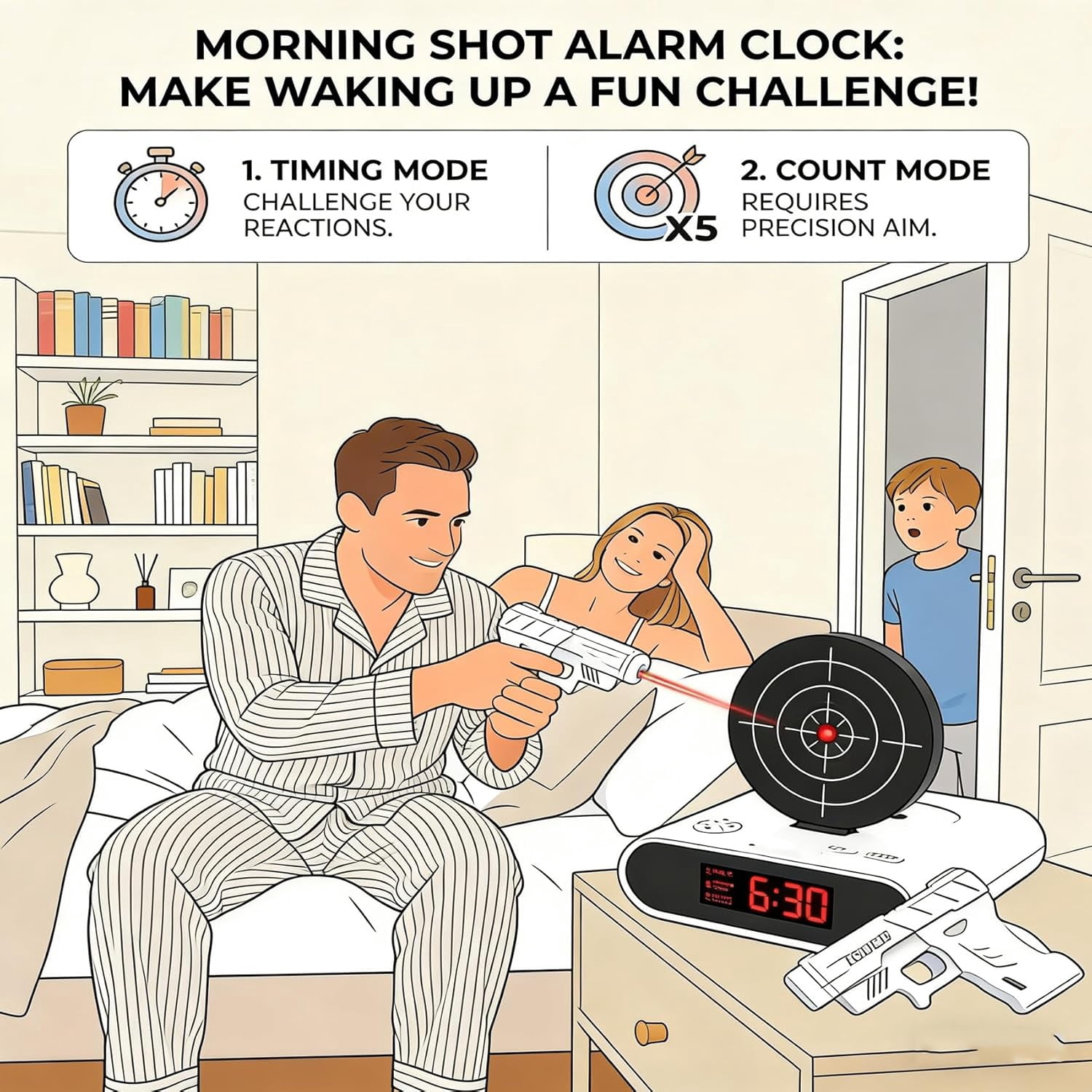 Gun Alarm Clock, Shot Timer, Shooting Timing Clocks, Display Ringtones Customization, Modern Target Creative Clocks, Shoot the Target to Shut It Off, Built for People Who Hate Mornings (White)