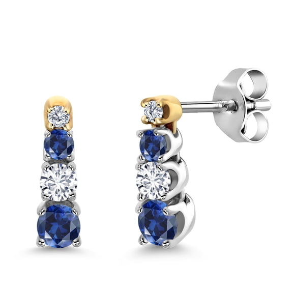 Gem Stone King 0.50 Ct Blue Created Sapphire White Diamond and Created Moissanite 925 Silver and 10K Yellow Gold Earrings