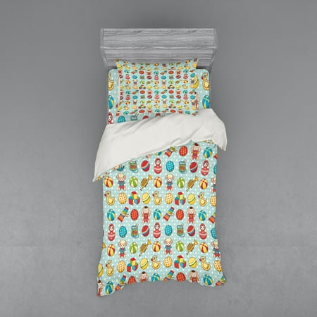 Nursery Duvet Cover Set, Vintage Old Childrens Toys Pattern on Polka Dotted Background Playful Nursery Theme, Bedding Set with Shams and Fitted Sheet, 3 Sizes, by Ambesonne