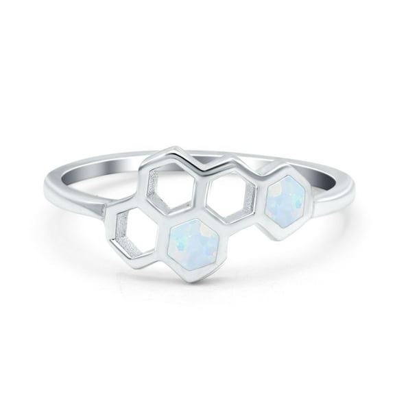 Honeycomb Band Ring Lab Created White Opal Solid 925 Sterling Silver Size 4