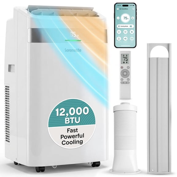 SereneLife 12,000 BTU Portable Air Conditioner & Heater with Wi-Fi, 4-in-1 AC, Heater, Dehumidifier & Fan, Remote Control, Window Kit, White