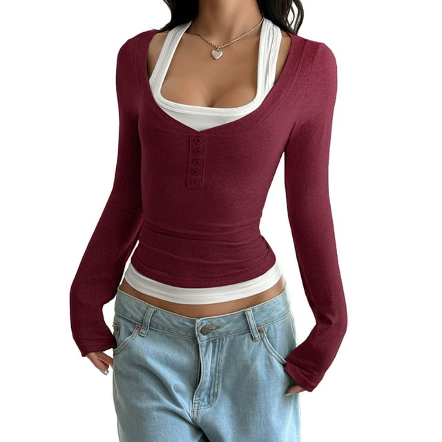 Women'S Long Sleeve Henley T Shirts Button Ribbed Knit Slim Fit Casual Basic Tops Blouse Wine Red L