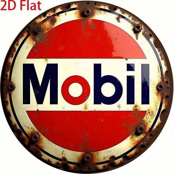 2D Flat, 2D Flat 1pc Round - Retro Aluminum Tin Sign - Vintage "Mobil" Gasoline Plaque, 8x8 Inch, Rustic Wall Art for Home, Kitchen, Garden, Bar, Cafe, Garage Decor, Metal Wall Art Deco, 2D Flat