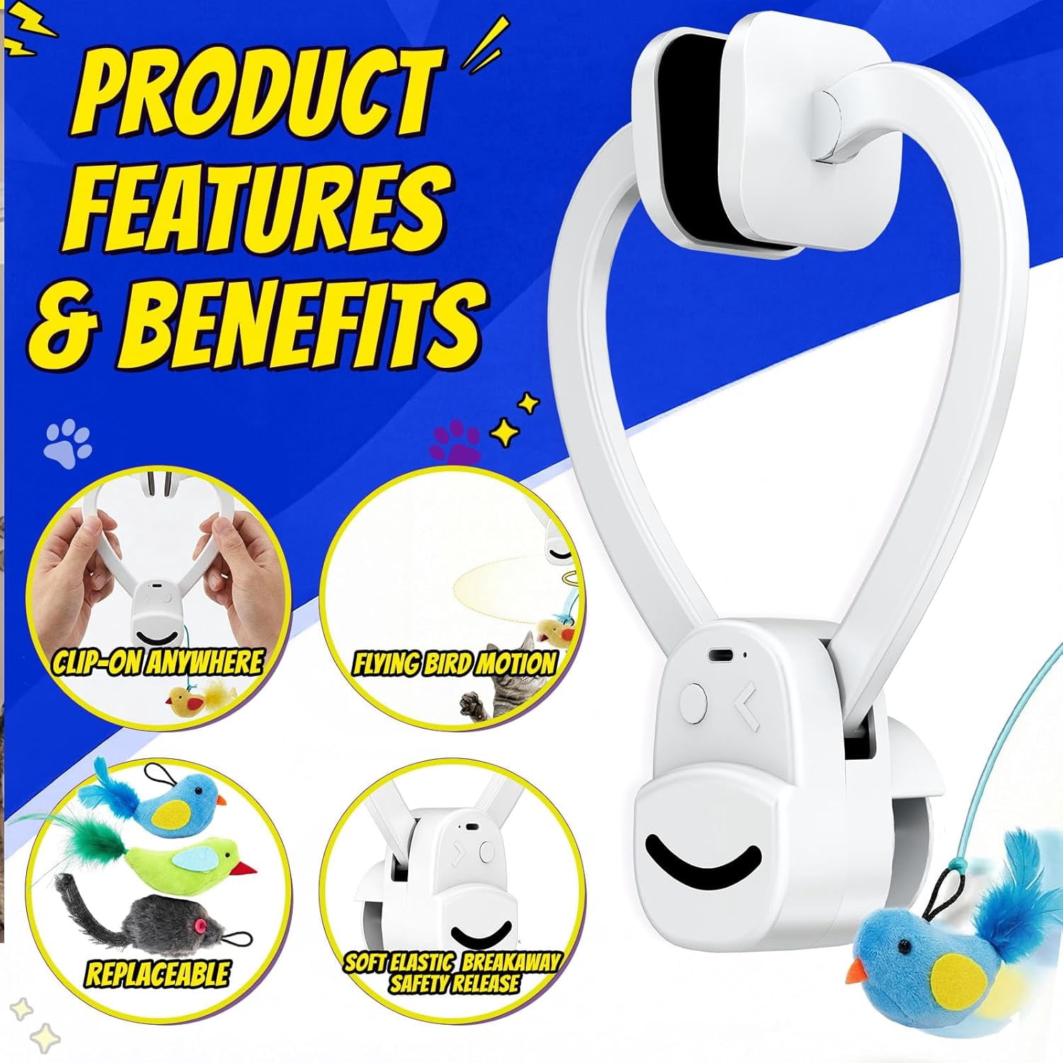 Interactive Cat Toys for Indoor Cats - Automatic Flying Bird & Mouse Doorway Hanging Toy, USB Rechargeable Electric Kitten Toy for Hunting Instinct, Enrichment & Exercise, 2 Birds & 1 Mouse