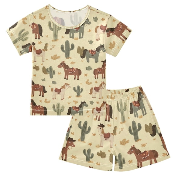 Summer Short Sleeve Pajama Sets Cute Cowboy Brown Horse Patterns Sleepwear Nighty 95% Cotton (5-14Y)