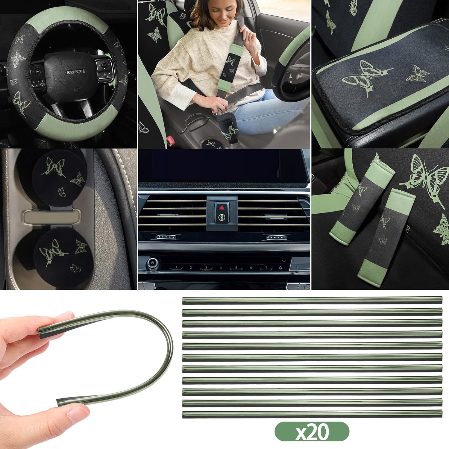 NestE-47 Pcs Butterfly Car Seat Full Set Butterfly Car Accessories for Women 5 Front Rear Seat Covers Wrist Strap 2 Pieces Cup Mat Armrest Pad 2 Belt Cover Accessories for SUV(Sage Green)