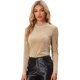 thumbnail image 1 of Blusa con cuello levantado para mujer de manga larga acanalado de punto de terciopelo sólido Caqui XS, 1 of 6