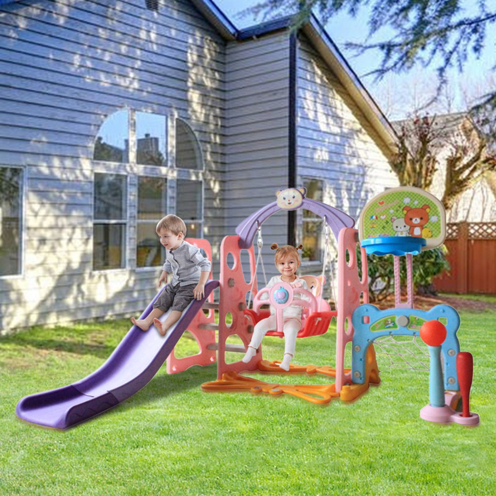 Details about   6 In 1 Kids Indoor/Outdoor Slide Swing And Basketball Football Baseball Set USA 