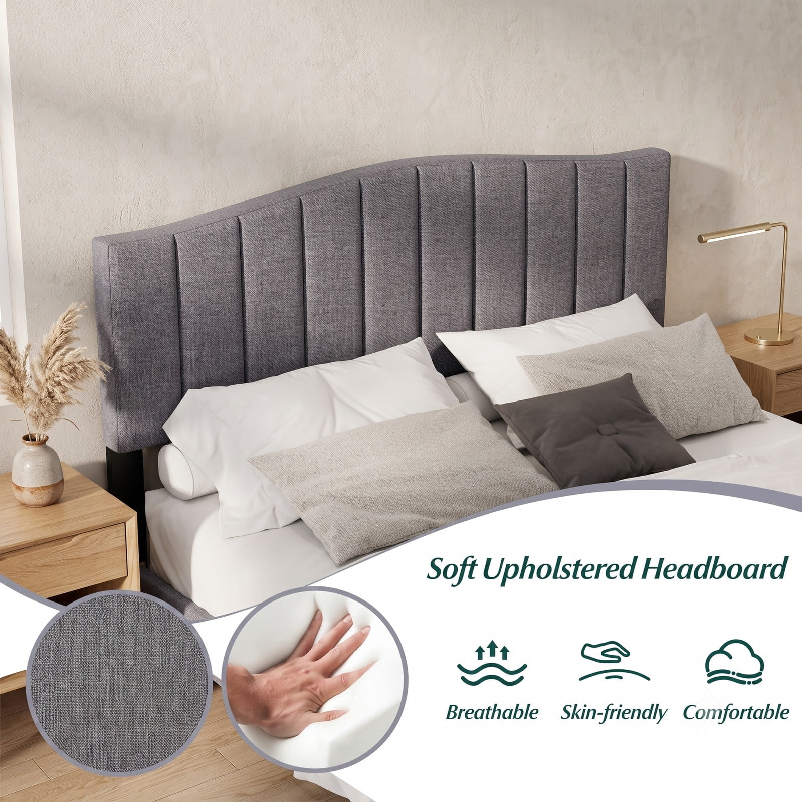 Furnibear Queen Size Bed Frame Upholstered Platform Bed with Adjustable Channel Tufted Wingback Headboard, No Box Spring Needed, Gray