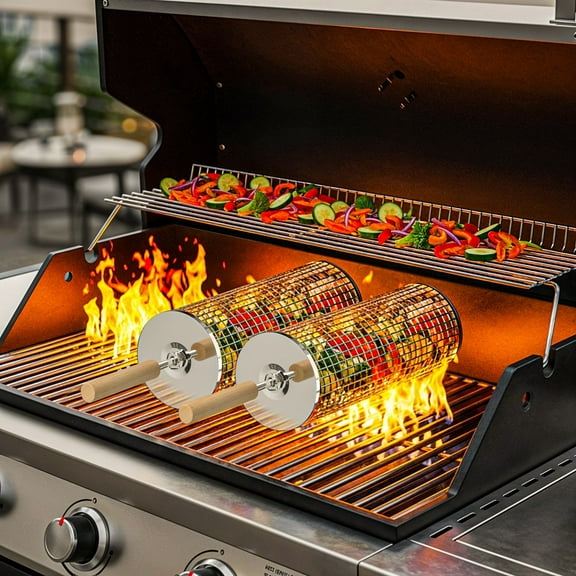 Rolling Grill Basket with Removable Wooden Handle, 304 Stainless Steel BBQ Grill Basket, Nesting Grilling Tools for Vegetables, Meat, Outdoor Cooking & Camping, Smoker Accessories, Gift for Men & Dad