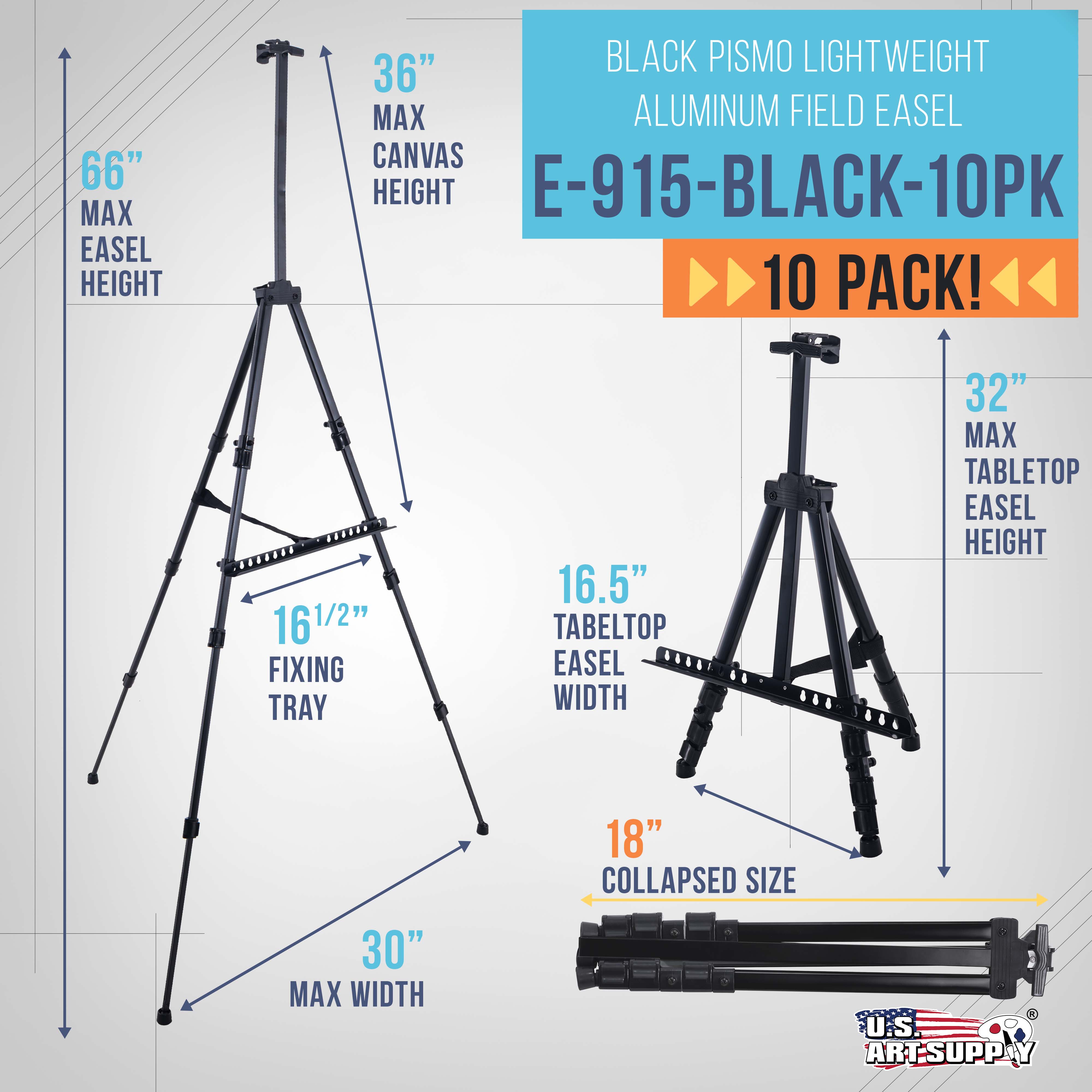 U.S. Art Supply - Pack of 2 - 66 Inch Sturdy Black Aluminum Tripod Artist Field and Display Easel Stand - Adjustable Height 20\" to 5.5 Feet, Holds 32" Canvas