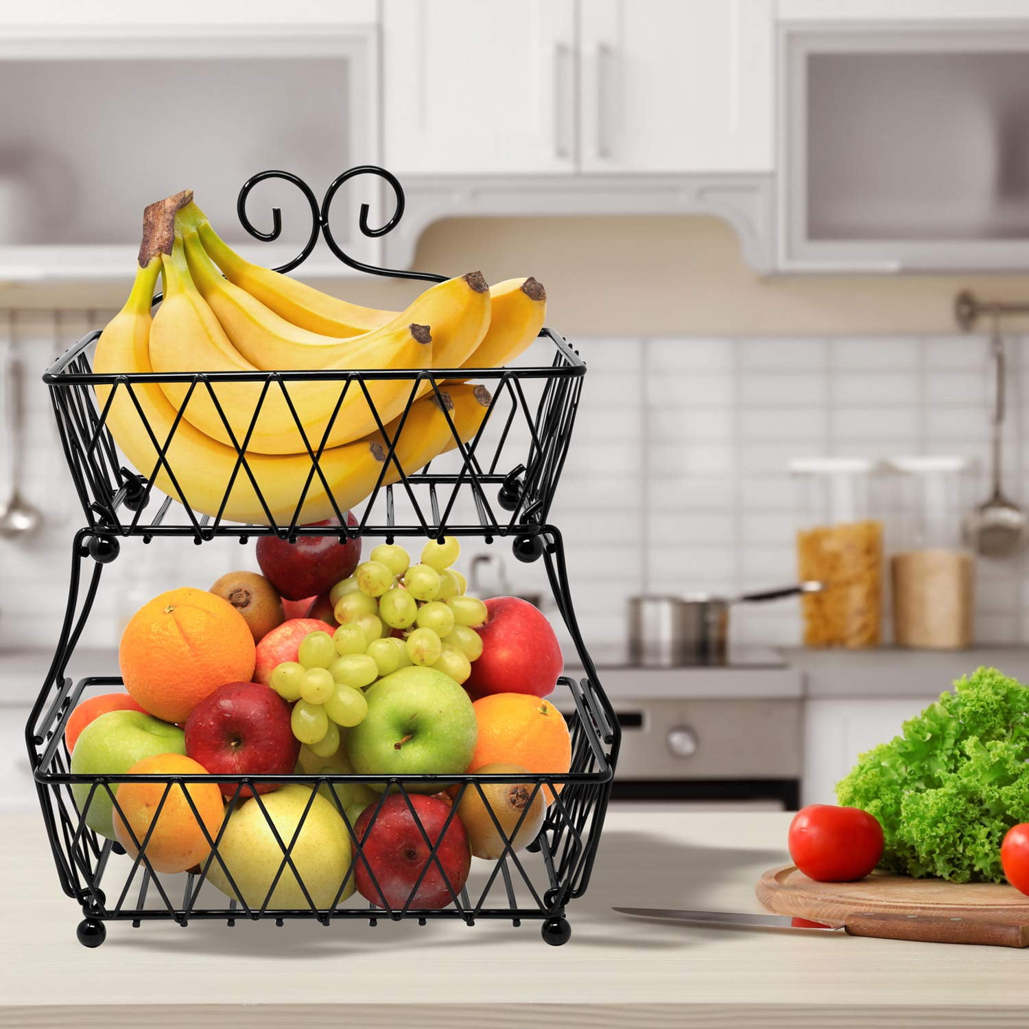 Fruit Basket Display Stand, 2-Tier, Counter Storage Antique Metal