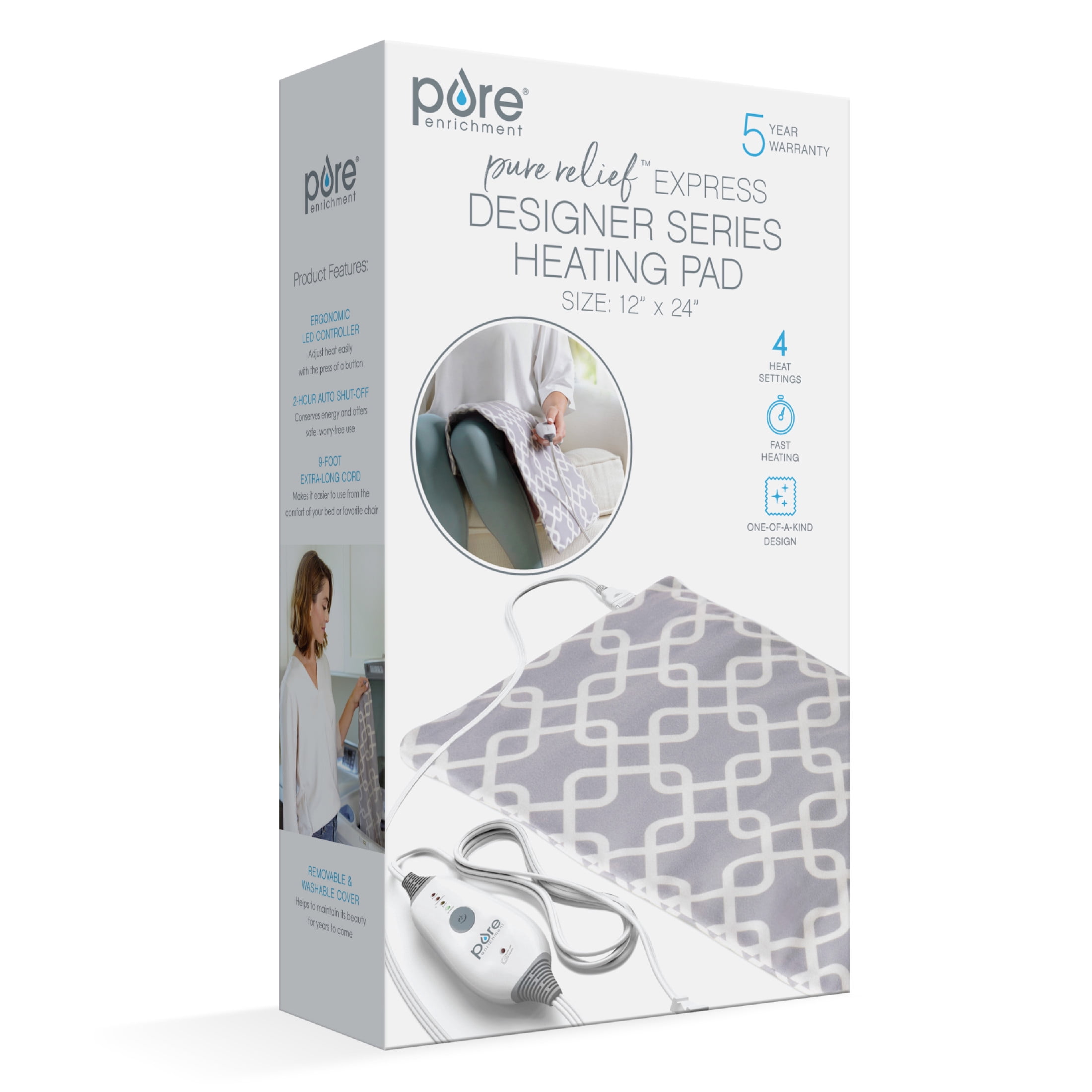 Pure Enrichment PurePureRelief Express Designer Series Electric Heating Pad - 12” x 24” Fast-Heating with 4 Heat Settings, Machine-Washable Fabric, & 2-Hour Auto Safety Shut-Off - Gray Trellis