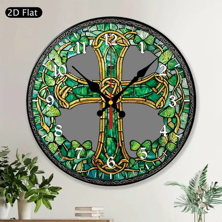 St. Patrick's Day Celtic Shamrock Round Wall Clock, Irish Green Stained Glass Style MDF Wood Home Wall Decor