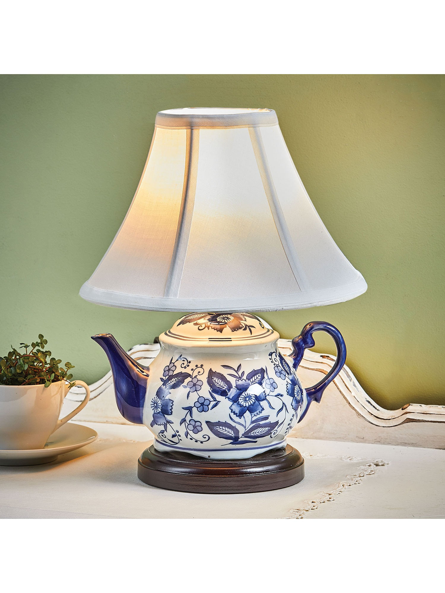 Teapot Table Lamp - Delft Blue Floral Tea Pot Accent Light, Plug-In 